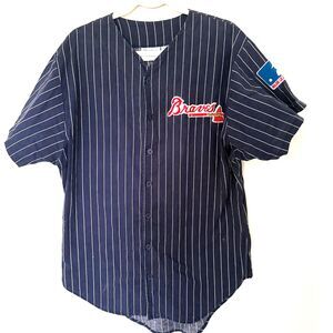 VTG 90s Chalk Line Atlanta Braves Pinstripe Baseball Jersey Blue Stripe Sz L